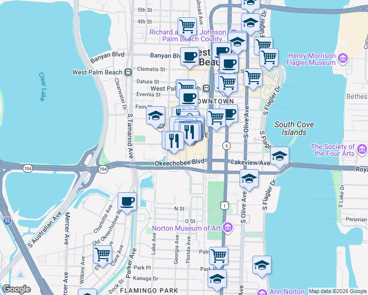 map of restaurants, bars, coffee shops, grocery stores, and more near 701 South Rosemary Avenue in West Palm Beach