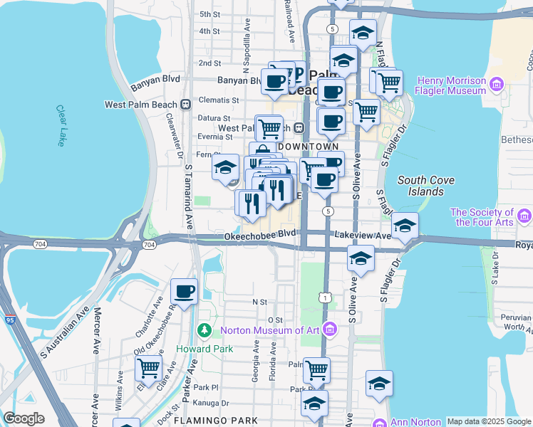 map of restaurants, bars, coffee shops, grocery stores, and more near 701 South Rosemary Avenue in West Palm Beach