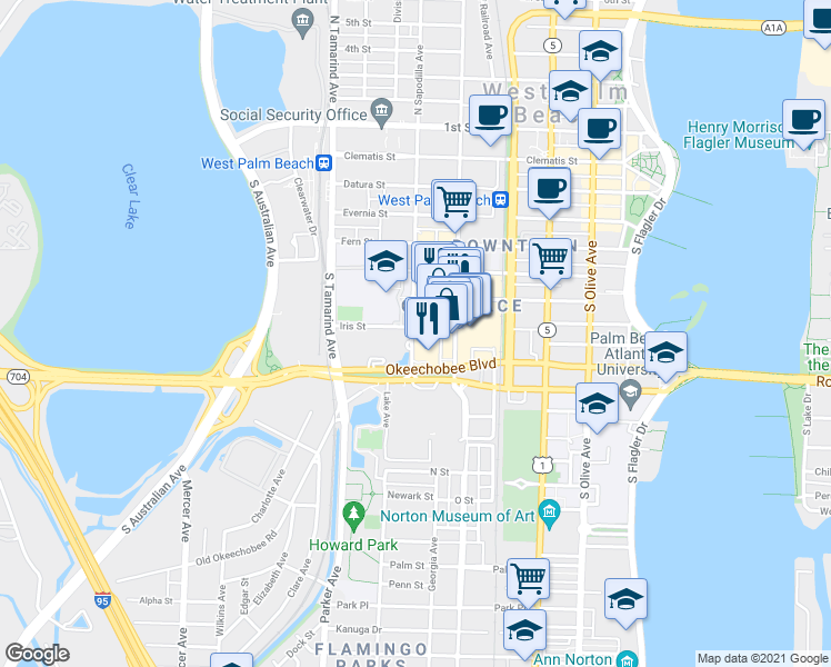 map of restaurants, bars, coffee shops, grocery stores, and more near 620 Hibiscus Street in West Palm Beach