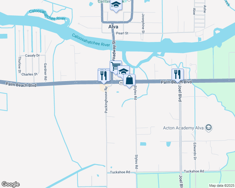 map of restaurants, bars, coffee shops, grocery stores, and more near 21390 Palm Beach Boulevard in Alva