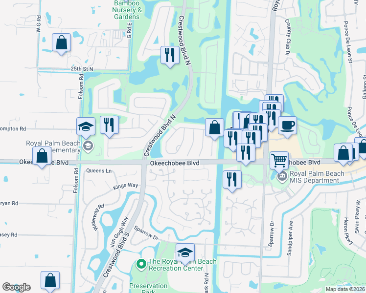map of restaurants, bars, coffee shops, grocery stores, and more near 1240 Oakwater Drive in Royal Palm Beach