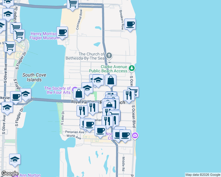 map of restaurants, bars, coffee shops, grocery stores, and more near 210 Seaspray Avenue in Palm Beach