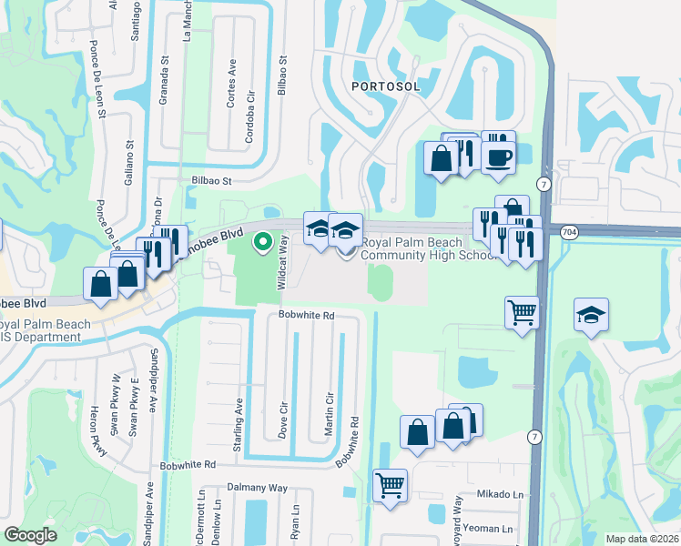 map of restaurants, bars, coffee shops, grocery stores, and more near 10600 Okeechobee Boulevard in West Palm Beach