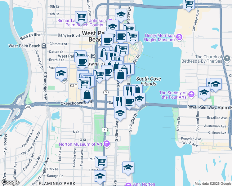 map of restaurants, bars, coffee shops, grocery stores, and more near 695 South Olive Avenue in West Palm Beach
