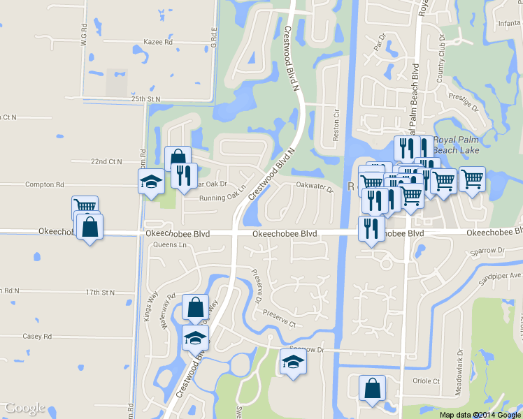map of restaurants, bars, coffee shops, grocery stores, and more near 1202 Oakwater Drive in Royal Palm Beach