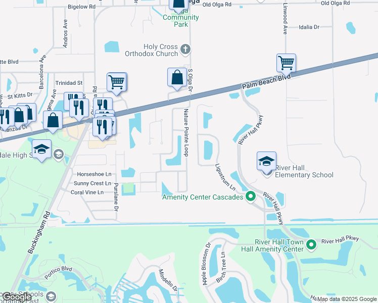 map of restaurants, bars, coffee shops, grocery stores, and more near 2522 Nature Pointe Loop in Fort Myers