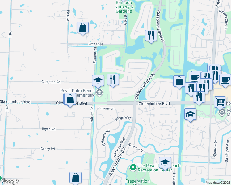 map of restaurants, bars, coffee shops, grocery stores, and more near 1564 Fiddlewood Court in Royal Palm Beach