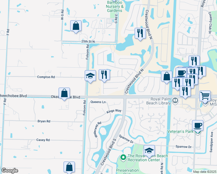 map of restaurants, bars, coffee shops, grocery stores, and more near 1560 Fiddlewood Court in Royal Palm Beach