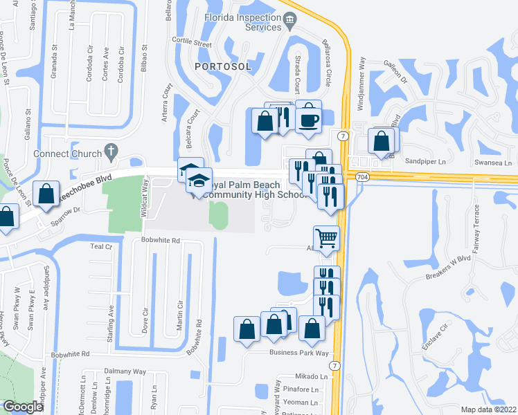 map of restaurants, bars, coffee shops, grocery stores, and more near 10354 Fox Trail Road South in Royal Palm Beach