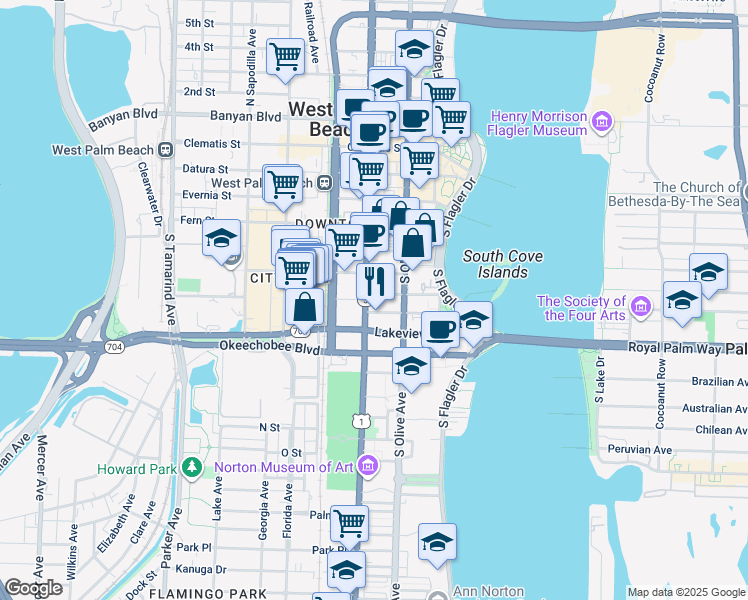map of restaurants, bars, coffee shops, grocery stores, and more near 700 South Dixie Highway in West Palm Beach