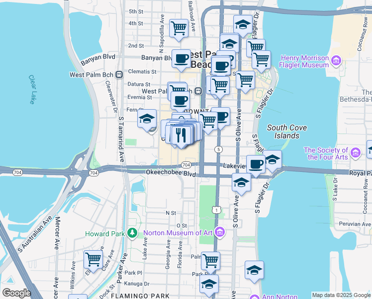map of restaurants, bars, coffee shops, grocery stores, and more near 700 South Rosemary Avenue in West Palm Beach