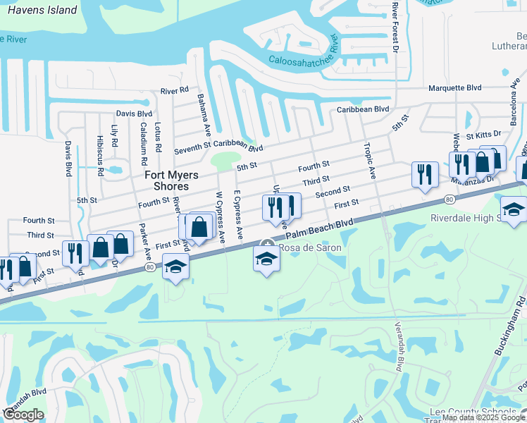 map of restaurants, bars, coffee shops, grocery stores, and more near 13219 Second Street in Fort Myers