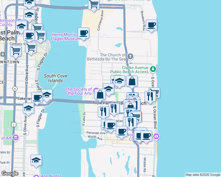 map of restaurants, bars, coffee shops, grocery stores, and more near 332 Seaspray Avenue in Palm Beach