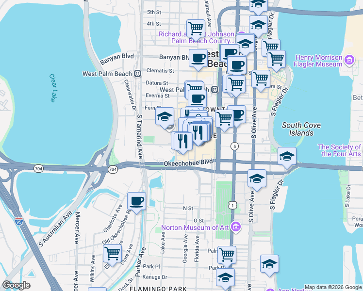 map of restaurants, bars, coffee shops, grocery stores, and more near 620 Hibiscus Street in West Palm Beach