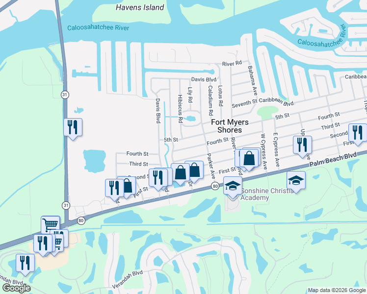 map of restaurants, bars, coffee shops, grocery stores, and more near 12616 Fourth Street in Fort Myers