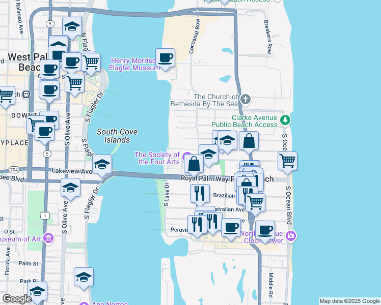 map of restaurants, bars, coffee shops, grocery stores, and more near 418 Seaspray Avenue in Palm Beach