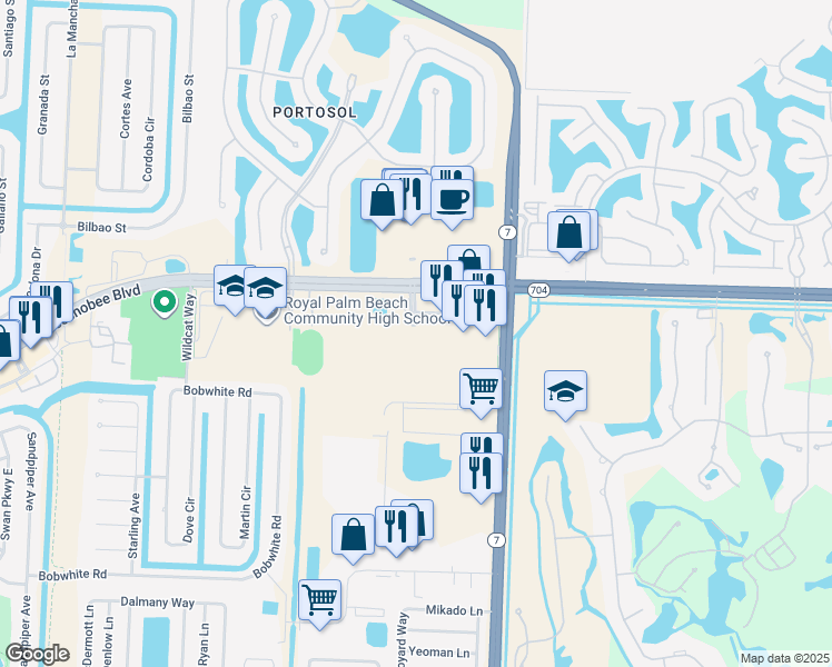 map of restaurants, bars, coffee shops, grocery stores, and more near 10342 Fox Trail Road South in Royal Palm Beach