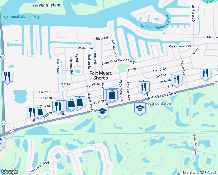 map of restaurants, bars, coffee shops, grocery stores, and more near 13031 Third Street in Fort Myers