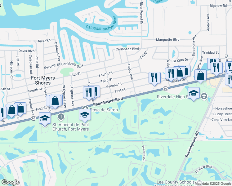 map of restaurants, bars, coffee shops, grocery stores, and more near 13409 1st Street in Fort Myers