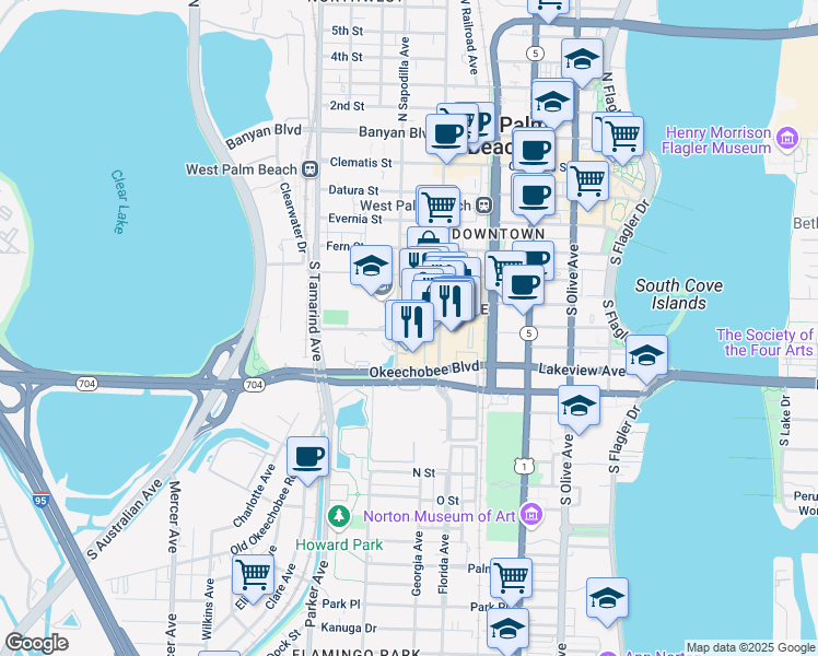map of restaurants, bars, coffee shops, grocery stores, and more near 620 Hibiscus Street in West Palm Beach