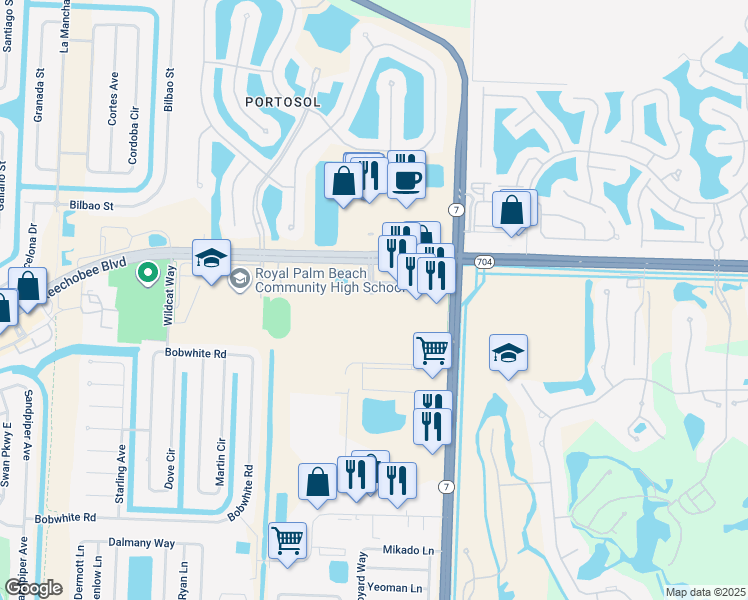 map of restaurants, bars, coffee shops, grocery stores, and more near 10342 Fox Trail Road South in Royal Palm Beach