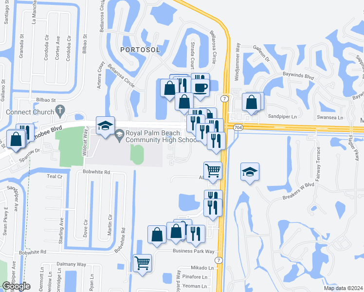 map of restaurants, bars, coffee shops, grocery stores, and more near 10342 Fox Trail Road South in Royal Palm Beach