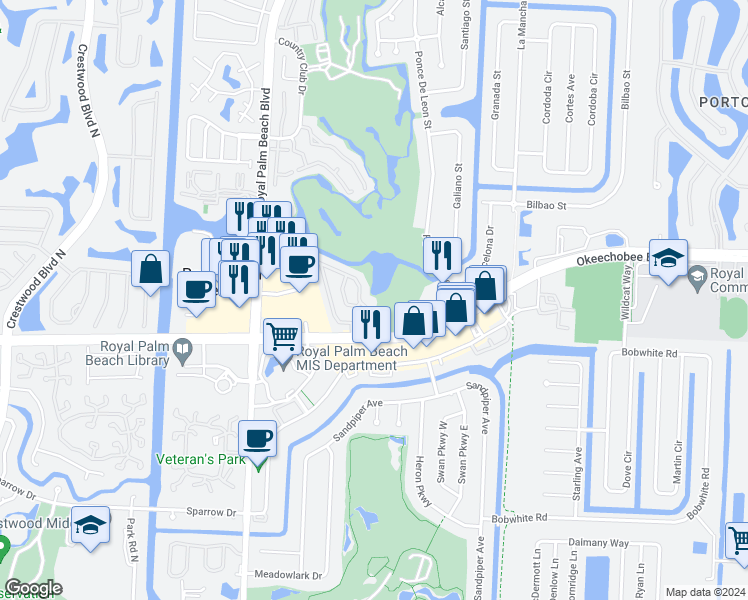 map of restaurants, bars, coffee shops, grocery stores, and more near 404 Lakeview Drive East in Royal Palm Beach