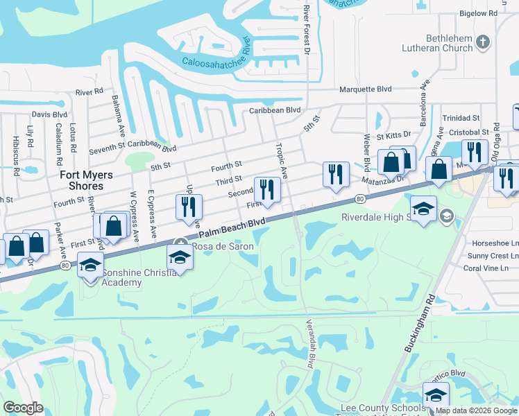 map of restaurants, bars, coffee shops, grocery stores, and more near 13432 Palm Beach Boulevard in Fort Myers