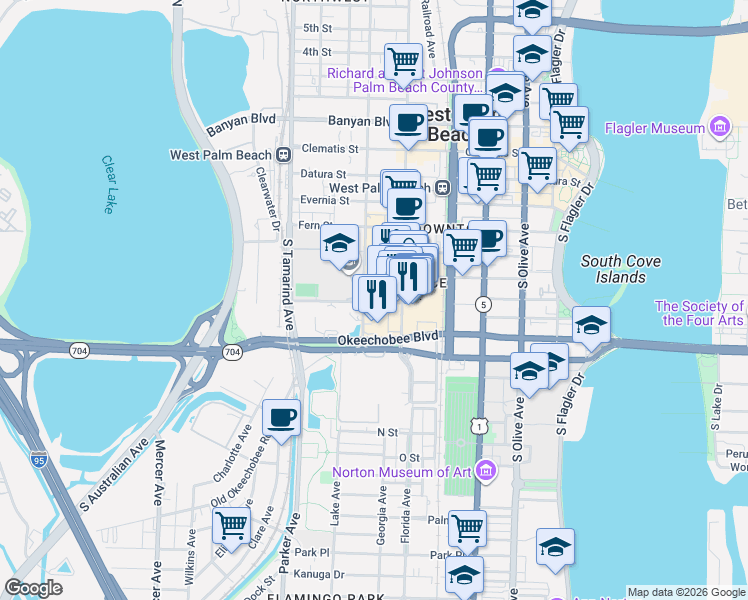 map of restaurants, bars, coffee shops, grocery stores, and more near 620 Hibiscus Street in West Palm Beach