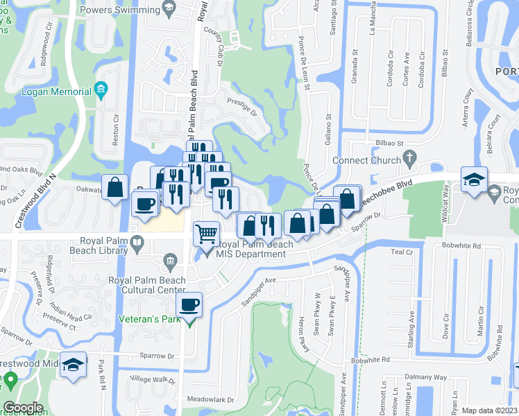 map of restaurants, bars, coffee shops, grocery stores, and more near 1409 Lakeview Drive East in Royal Palm Beach
