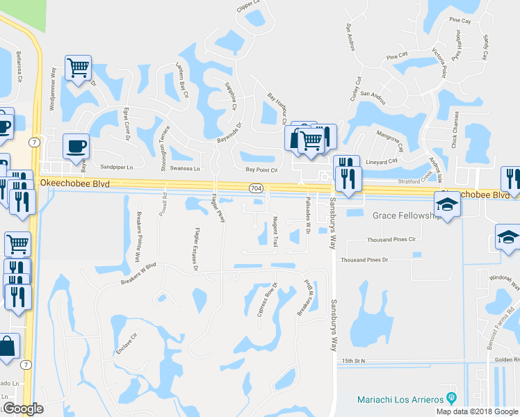 map of restaurants, bars, coffee shops, grocery stores, and more near 9279 Nugent Trail in Royal Palm Beach