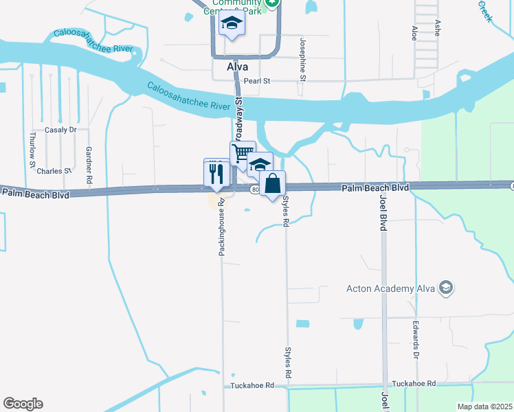 map of restaurants, bars, coffee shops, grocery stores, and more near 21390 Palm Beach Boulevard in Alva