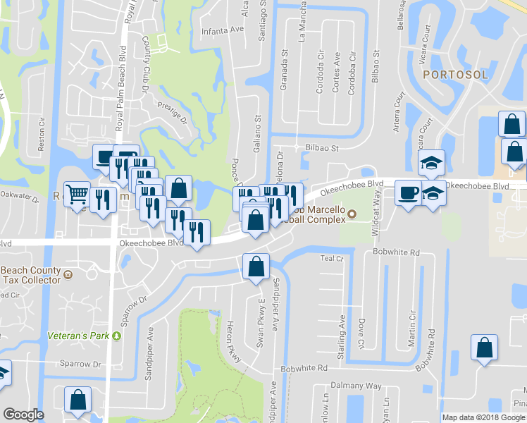 map of restaurants, bars, coffee shops, grocery stores, and more near 103 Ponce De Leon Street in Royal Palm Beach