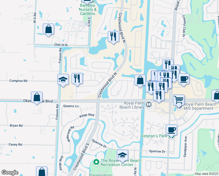 map of restaurants, bars, coffee shops, grocery stores, and more near 1202 Oakwater Drive in Royal Palm Beach