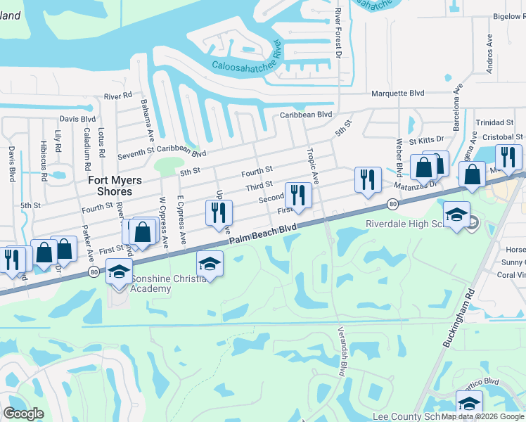map of restaurants, bars, coffee shops, grocery stores, and more near 13361 First Street in Fort Myers