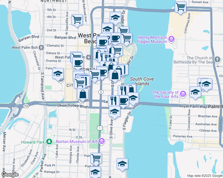 map of restaurants, bars, coffee shops, grocery stores, and more near 695 South Olive Avenue in West Palm Beach
