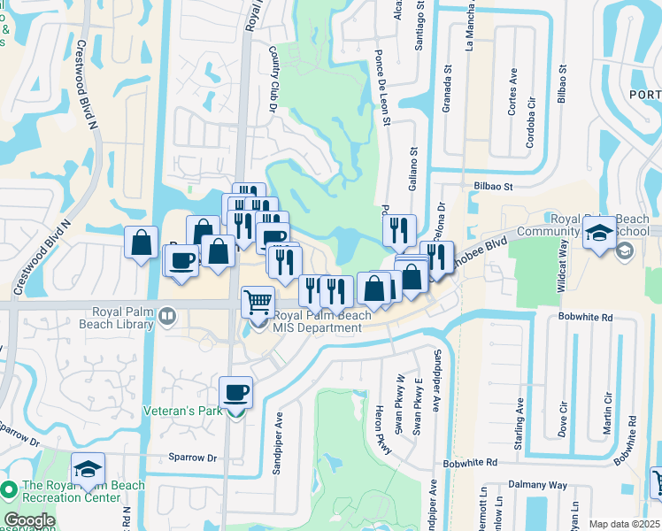map of restaurants, bars, coffee shops, grocery stores, and more near 404 Lakeview Drive East in Royal Palm Beach