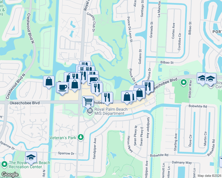 map of restaurants, bars, coffee shops, grocery stores, and more near 404 Lakeview Drive East in Royal Palm Beach