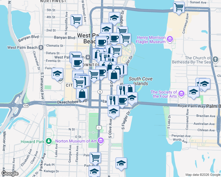 map of restaurants, bars, coffee shops, grocery stores, and more near 695 South Olive Avenue in West Palm Beach