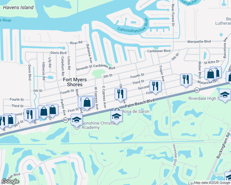 map of restaurants, bars, coffee shops, grocery stores, and more near 13219 Second Street in Fort Myers