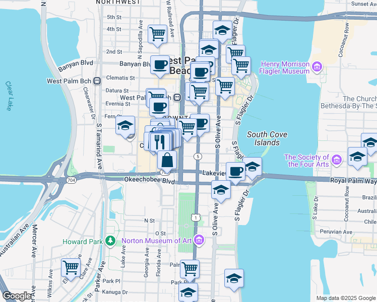 map of restaurants, bars, coffee shops, grocery stores, and more near 112 Iris Street in West Palm Beach