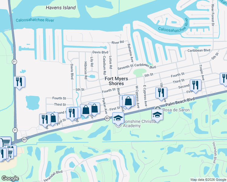 map of restaurants, bars, coffee shops, grocery stores, and more near 12914 Third Street in Fort Myers