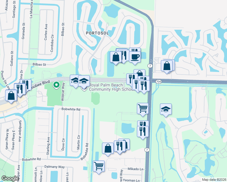 map of restaurants, bars, coffee shops, grocery stores, and more near 10360 Fox Trail Road South in West Palm Beach