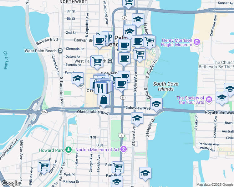 map of restaurants, bars, coffee shops, grocery stores, and more near 112 Iris Street in West Palm Beach