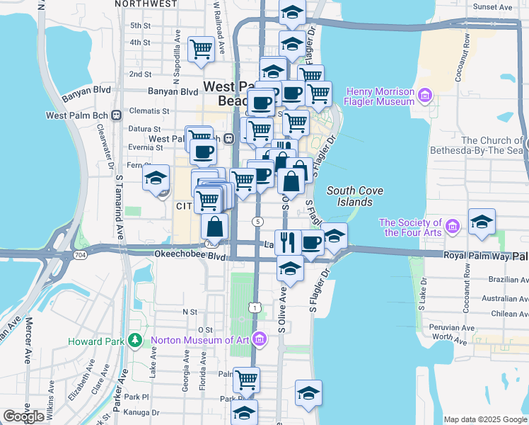 map of restaurants, bars, coffee shops, grocery stores, and more near 700 South Dixie Highway in West Palm Beach