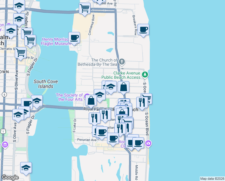 map of restaurants, bars, coffee shops, grocery stores, and more near 246 Seaspray Avenue in Palm Beach