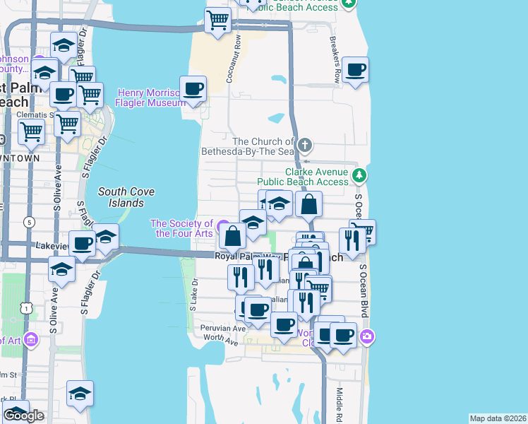 map of restaurants, bars, coffee shops, grocery stores, and more near 332 Seaspray Avenue in Palm Beach