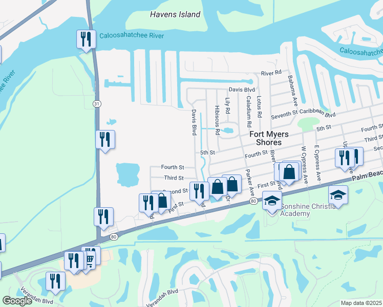 map of restaurants, bars, coffee shops, grocery stores, and more near 2501 Davis Boulevard in Fort Myers
