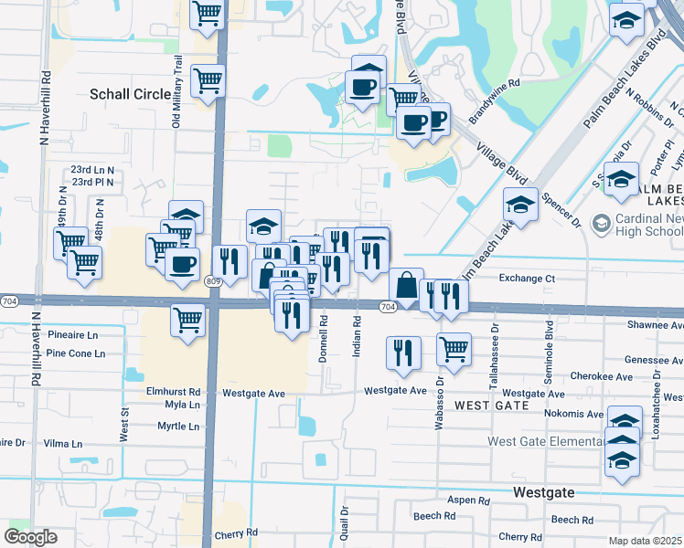map of restaurants, bars, coffee shops, grocery stores, and more near 2051 Indian Road in West Palm Beach