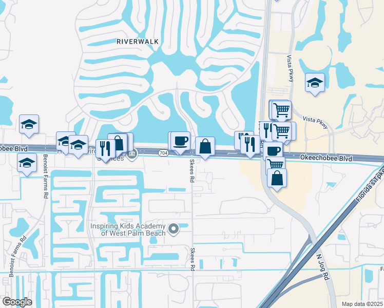map of restaurants, bars, coffee shops, grocery stores, and more near Okeechobee Blvd & Riverwalk Blvd in West Palm Beach